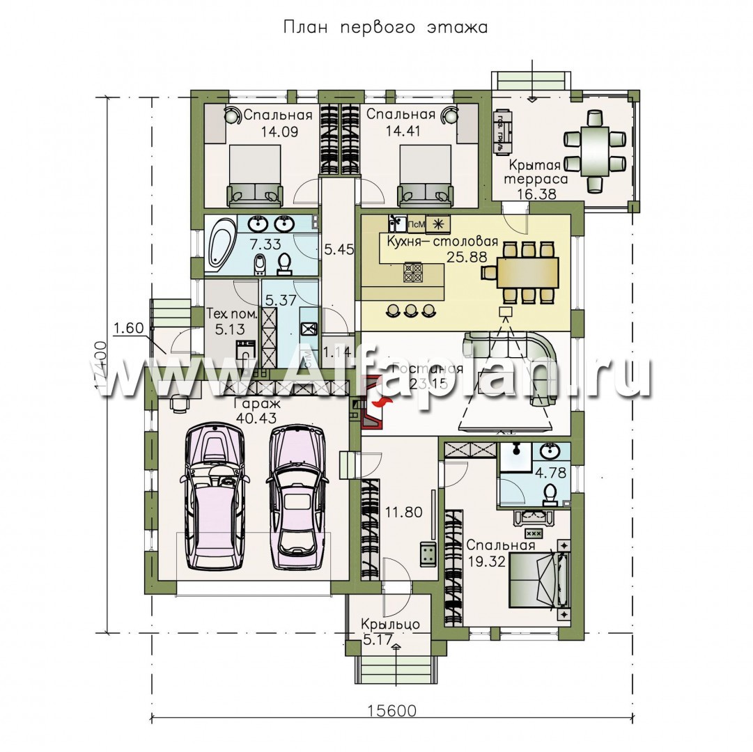 «Днестр» - проект одноэтажного дома, планировка 3  спальни, c террасой, с гаражом на 2 авто - план дома