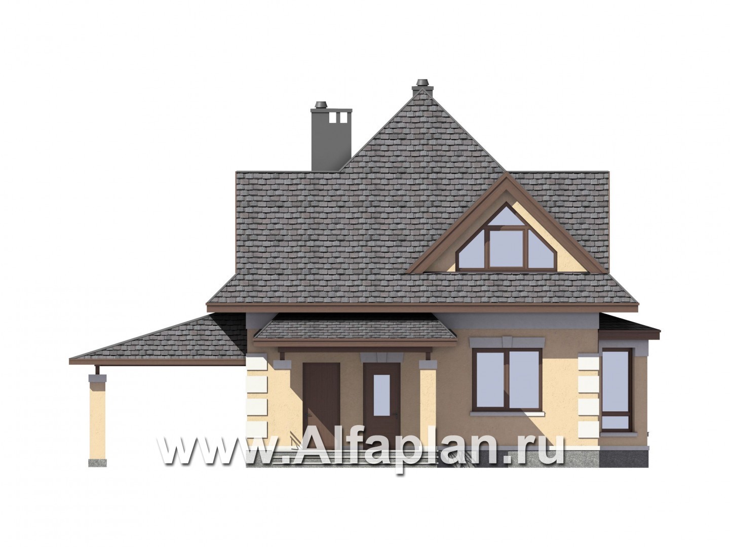 Проекты домов Альфаплан - Компактный мансардный дом с навесом для машины - изображение фасада №1