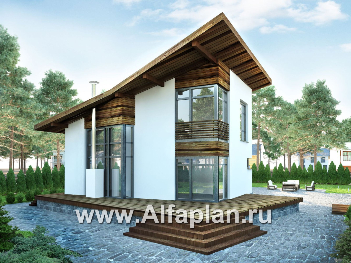 Проект дома с мансардой, с сауной и с террасой, со вторым светом гостиной, в скандинавском стиле - основное изображение