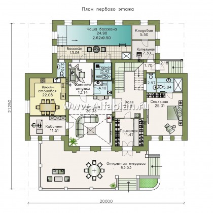 «Богема» — проект двухэтажного дома с мансардой, эксклюзивное классическое поместье с бассейном - превью план дома