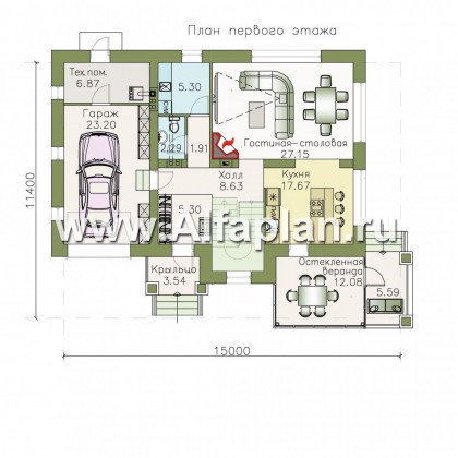 Проекты домов Альфаплан - «Медея» - компактный дом с верандой на главном фасаде - превью плана проекта №1