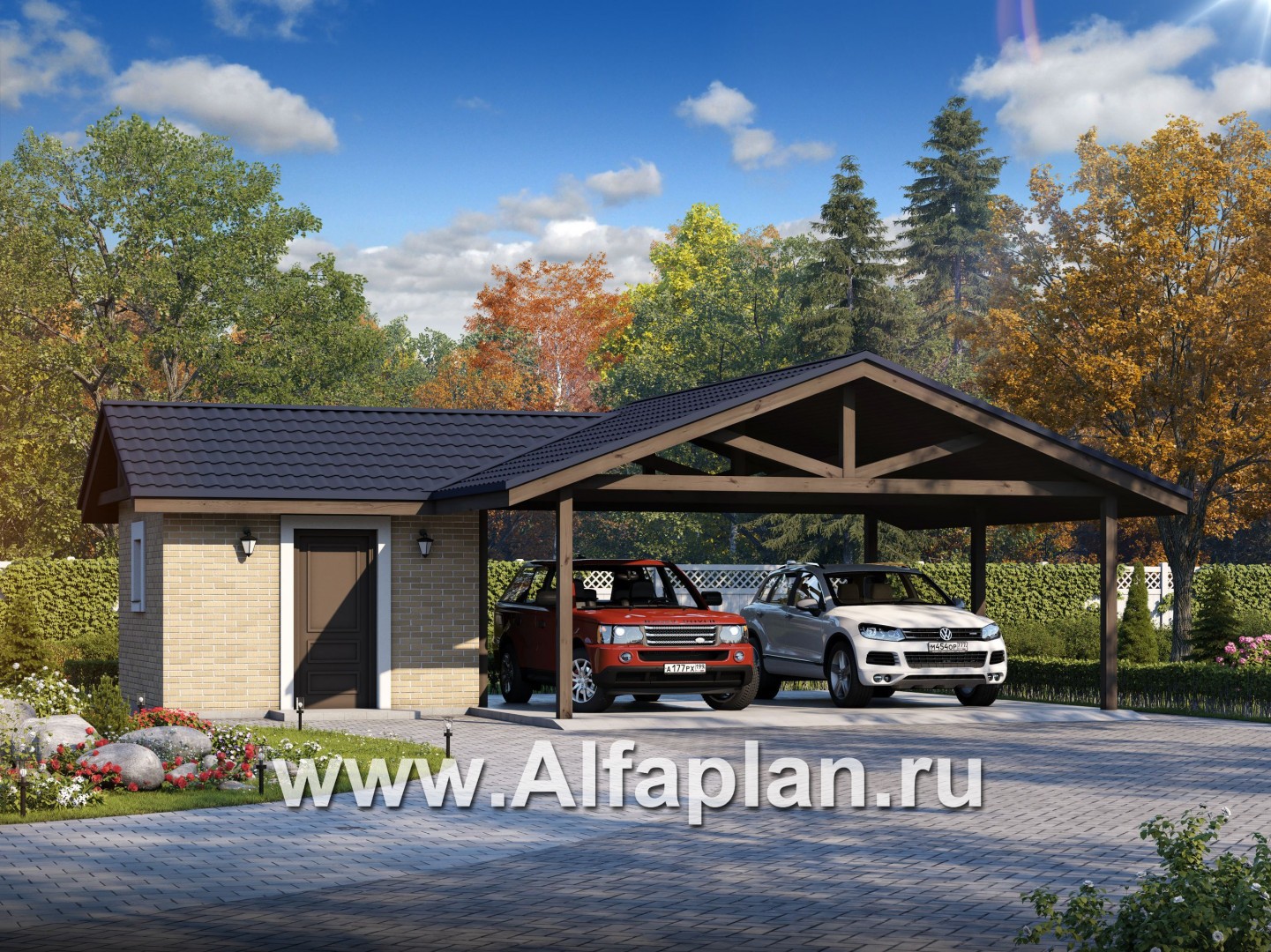 Проекты домов Альфаплан - Навес-стоянка для машин с небольшой кладовой - основное изображение
