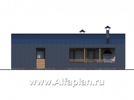 «Йота» -  проект одноэтажного домав стиле барн, с сауной, с террасой сбоку, 2 спальни - превью фасада дома