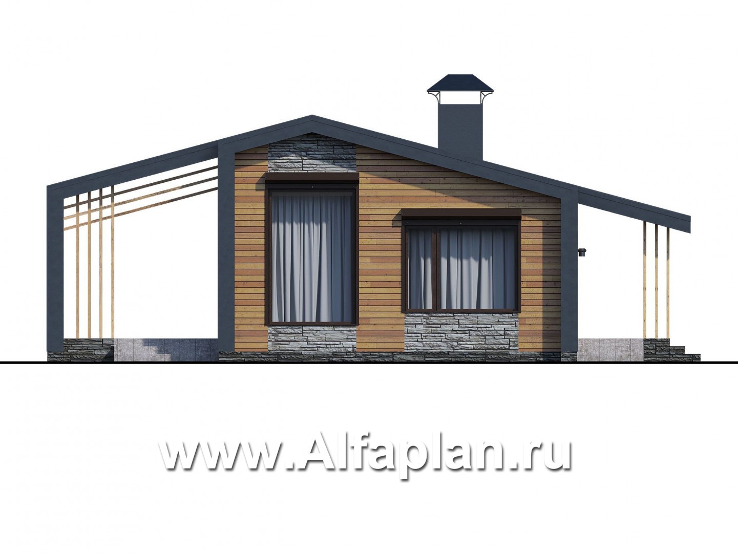 «Каппа» -  проект одноэтажного дома, с террасой, в стиле барн, 2 спальни - фасад дома