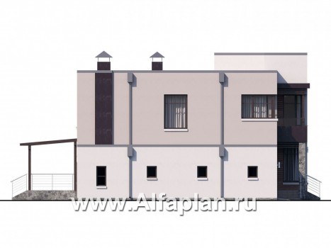 «Эвр» - проект двухэтажного дома с террасой и с гаражом на 1 авто, лестница в гостиной, с плоской кровлей, в стиле хай-тек - превью фасада дома